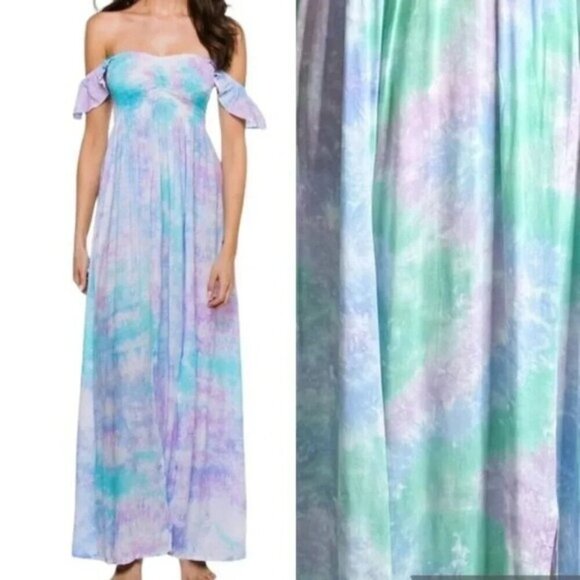 TIARE HAWAII Hollie Smocked Blue Violet Green Smoke Maxi Dress One Size - Picture 1 of 12
